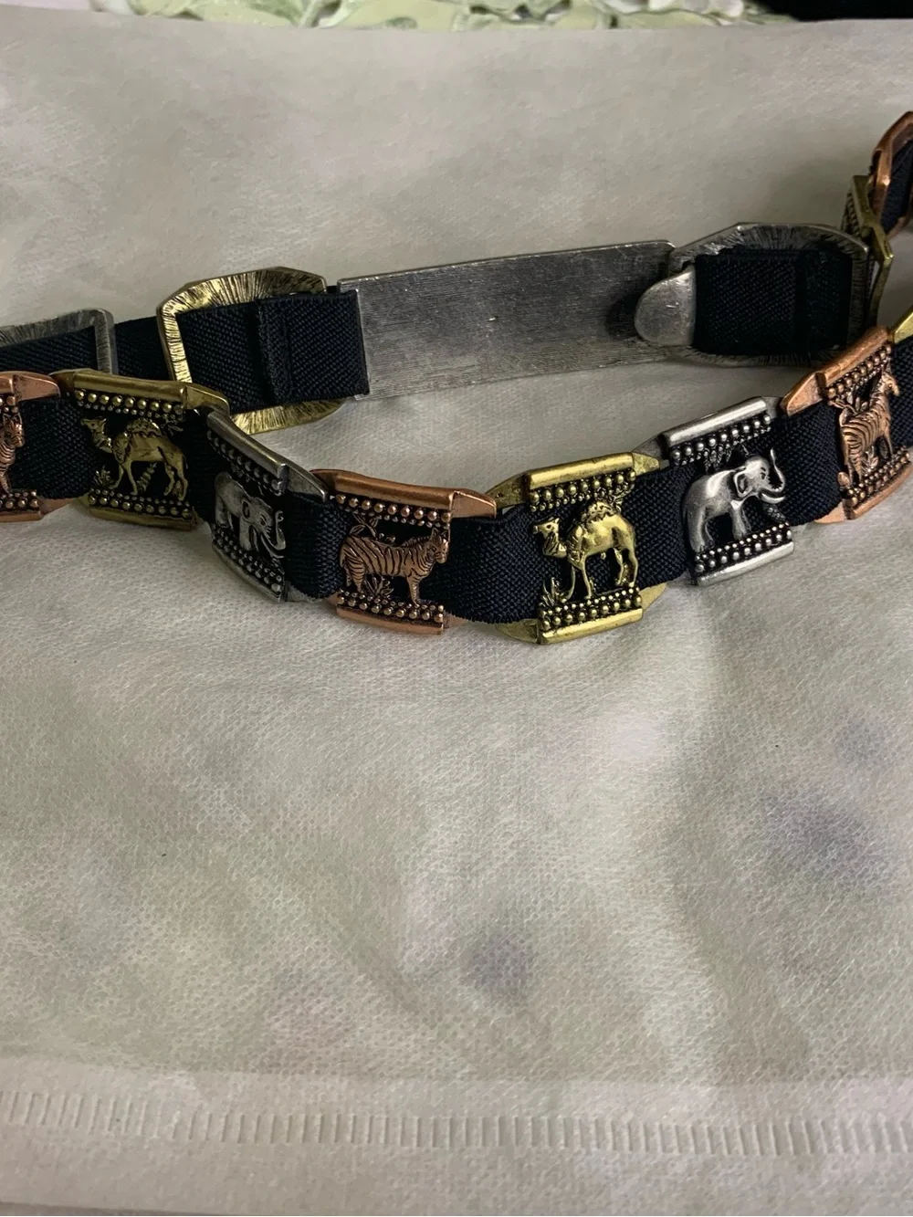 Chico's Black Elastic Belt with Mixed Metal Animal Plates